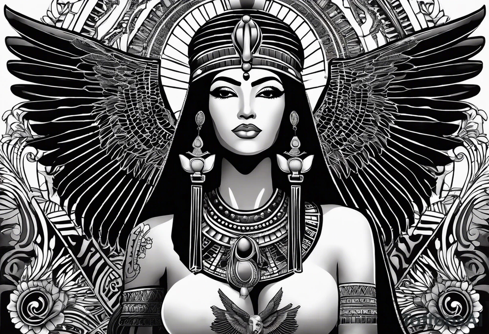 black and white Egyptian goddess Isis, who is often depicted as a woman with outstretched wings, holding an ankh (a symbol of life) in one hand and a lotus flower in the other. Her headdress often includes a throne or a solar disk. The tattoo design can vary in style and size, but it typically aims to capture the essence of this revered Egyptian deity, emphasizing her beauty, power, and maternal qualities. The choice of colors and additional elements can also be customized to create a unique and visually striking representation of the goddess Isis tattoo idea