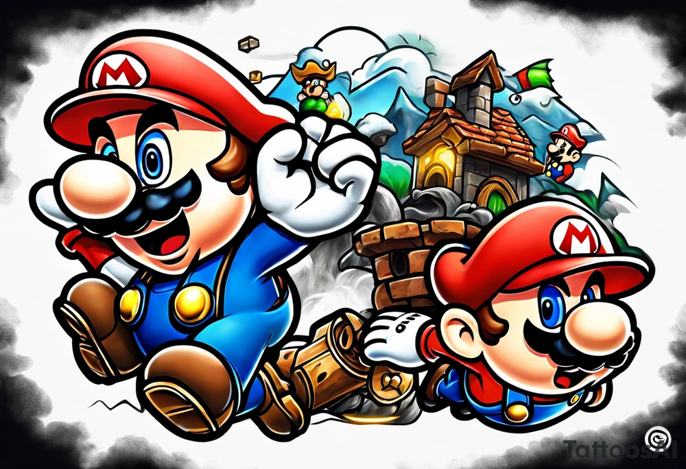 Mario ghosts and goombas with canons tattoo idea