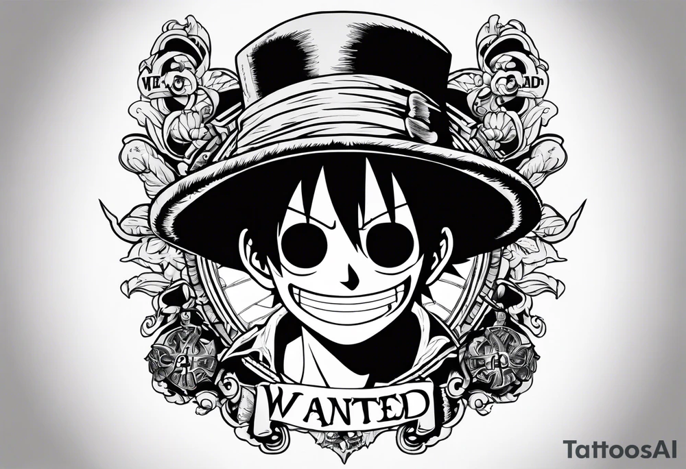 a tattoo from a fore hand from one piece anime of Luffy with the letters Wanted upside and dead or alive bellow tattoo idea