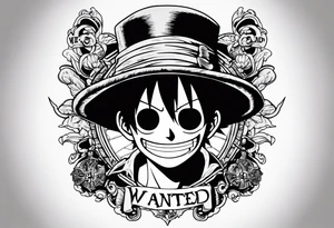 a tattoo from a fore hand from one piece anime of Luffy with the letters Wanted upside and dead or alive bellow tattoo idea