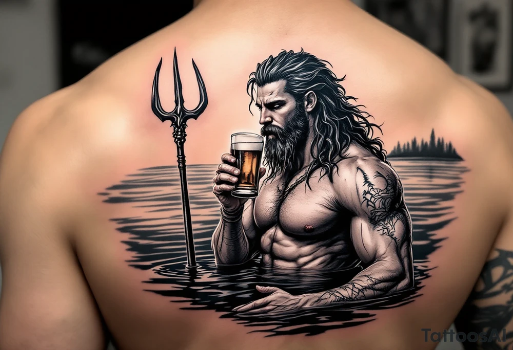 young, sexy, fit poseidon in calm water, holding a trident, drinking a beer, with sunset tattoo idea