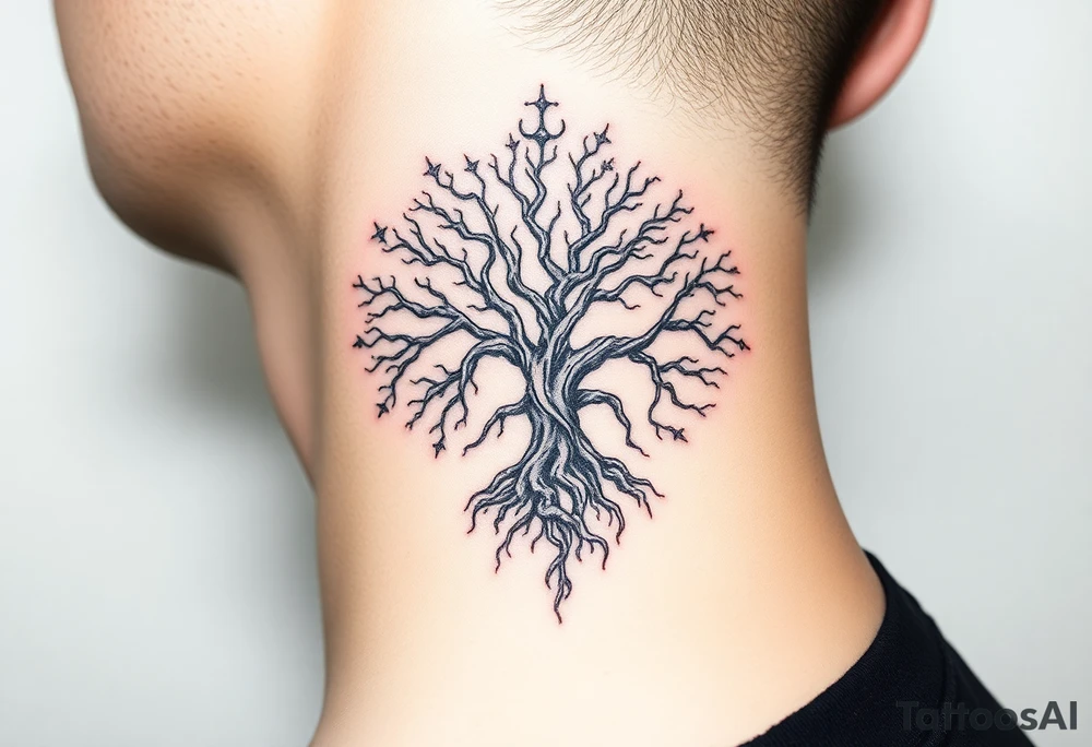 mystical tree of life with cosmic roots and celestial branches tattoo idea