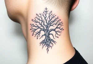mystical tree of life with cosmic roots and celestial branches tattoo idea