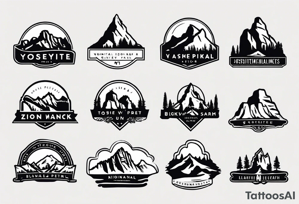 incorporate logos of Yosemite National Park, Bryce Canyon, Zion National Park, Joshua Tree National Park, Smokey Mountains and the Blueridge Mountains tattoo idea