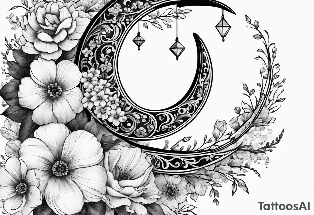 Crescent moon with flowers and beading tattoo idea