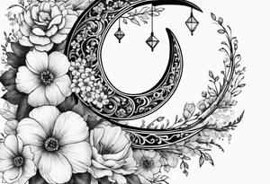 Crescent moon with flowers and beading tattoo idea