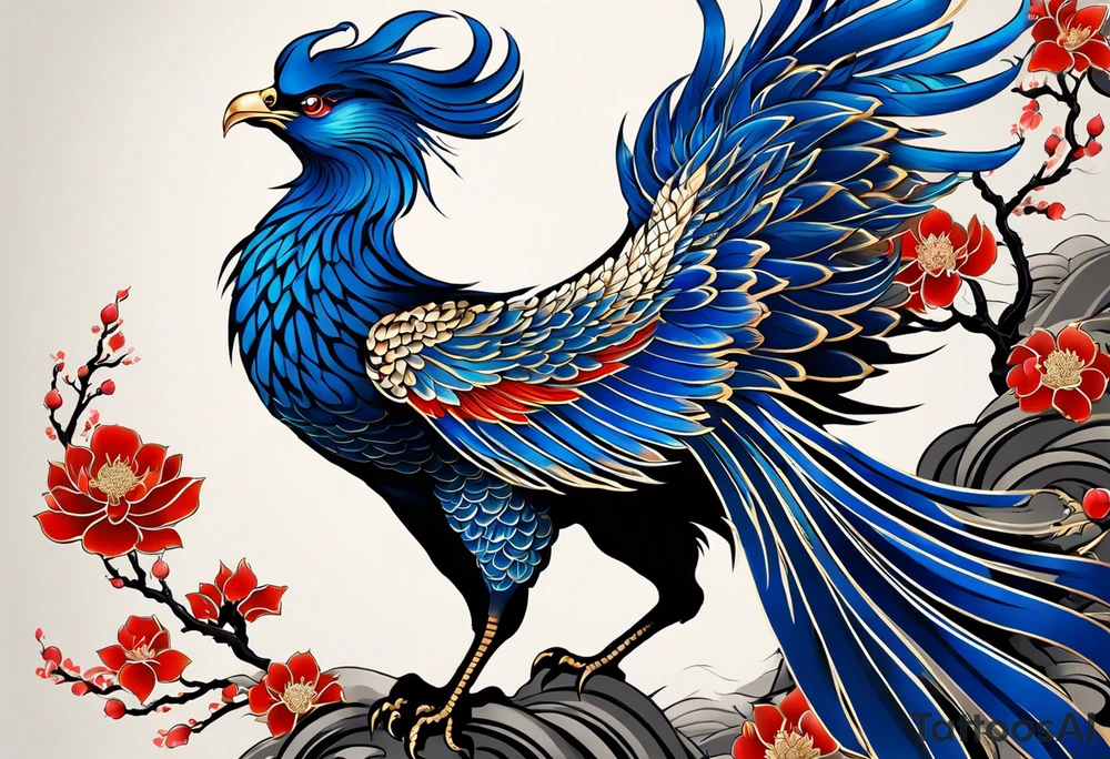 Create an intricate tattoo design of a Japanese phoenix in traditional Irezumi style. The phoenix should have a majestic and dynamic pose, with flowing feathers that exhibit traditional Japanese tattoo patterns. Its skin color should be a rich blue with varying shades, creating a sense of depth and movement. Include traditional Irezumi elements like clouds, waves, and subtle flames, blending them harmoniously with the phoenix. The tattoo should have a dramatic, detailed look with bold outlines and shading. Incorporate the Aquarius symbol discreetly within the design, possibly hidden among the feathers or subtly integrated into the background, to blend seamlessly with the overall artwork. tattoo idea