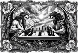 Depict an angel and demon playing chess on a board that morphs from celestial clouds to fiery inferno, representing the merging of the spiritual realms in the eternal game tattoo idea