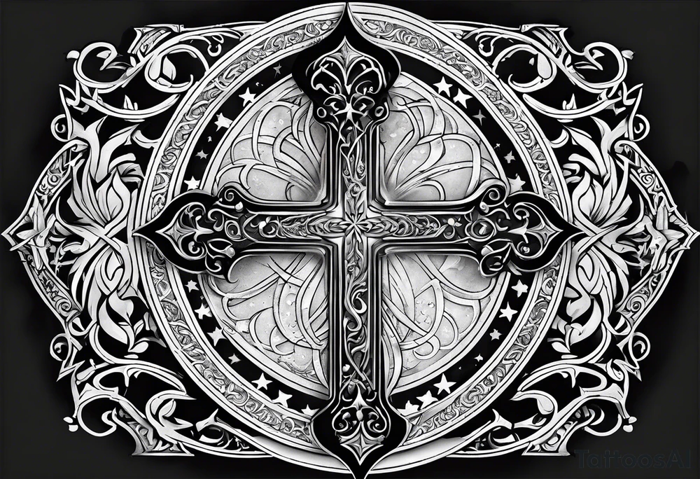 A cross under that is a scroll with my family’s names on it and put some stars around it tattoo idea