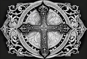 A cross under that is a scroll with my family’s names on it and put some stars around it tattoo idea