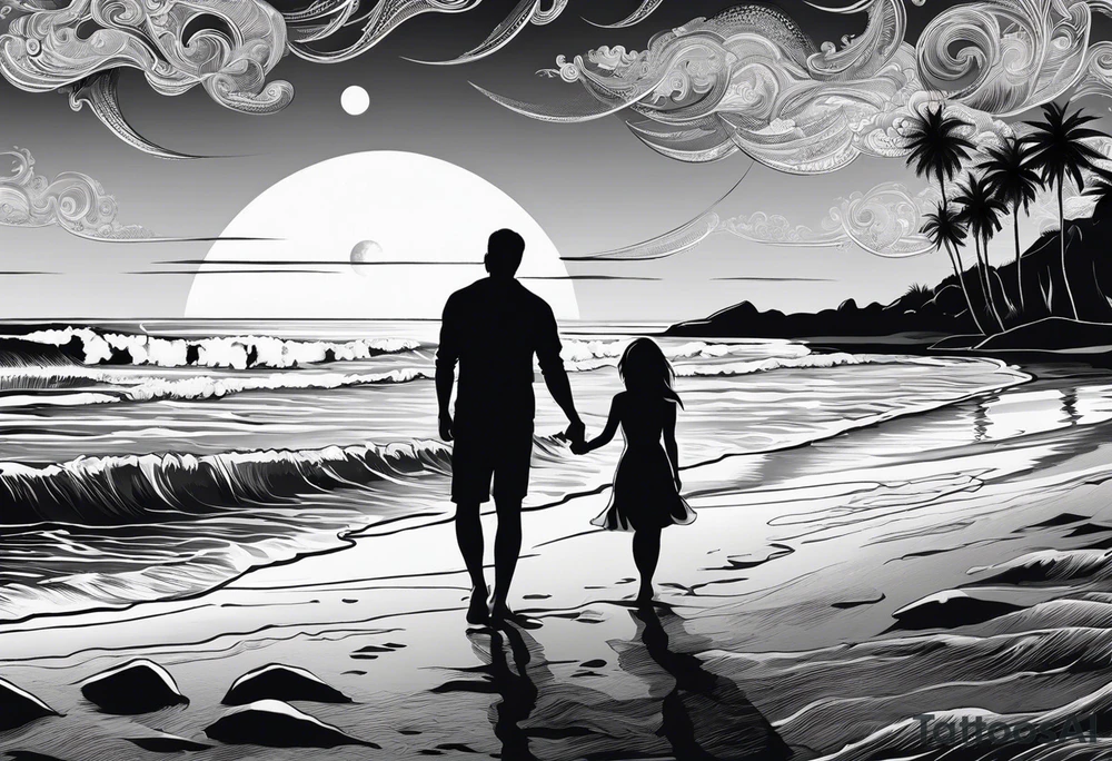 Silouhette of two people on beach water with moon tattoo idea