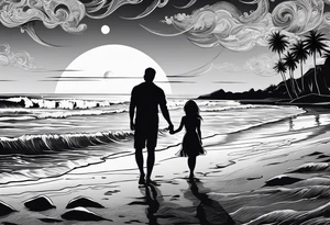Silouhette of two people on beach water with moon tattoo idea
