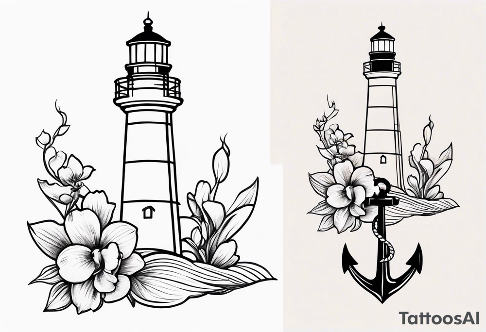 Lighthouse with an anchor and orchids tattoo idea