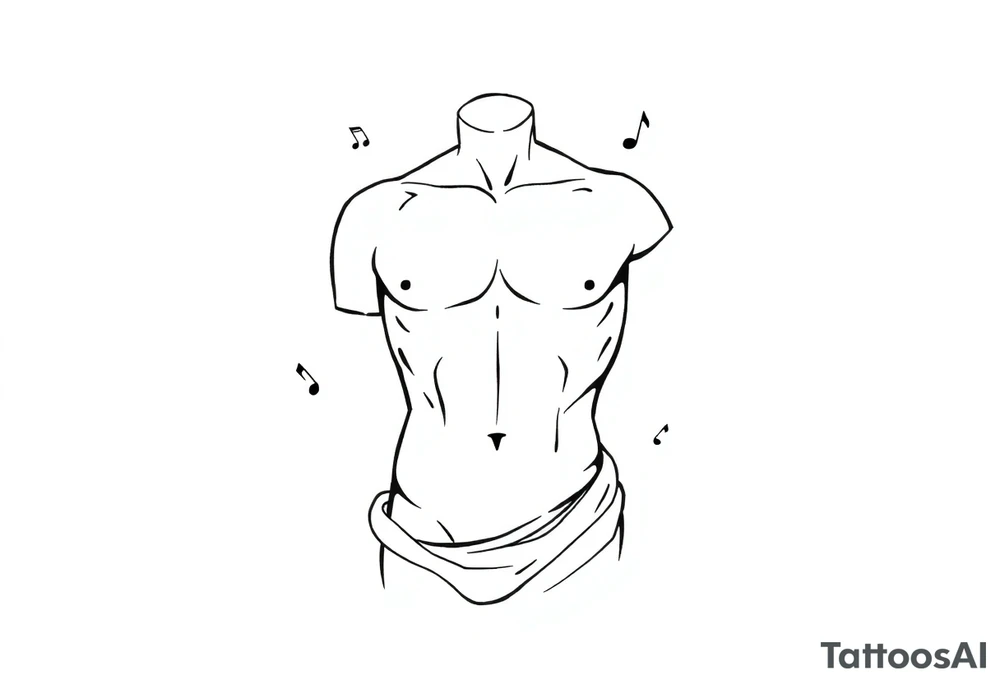 Male Greek statue torso. No arms, legs or head. Fit and muscular. Simple design. Hard lines and angles. A few creative arts symbols like music notes scattered around the torso and partially behind it. tattoo idea