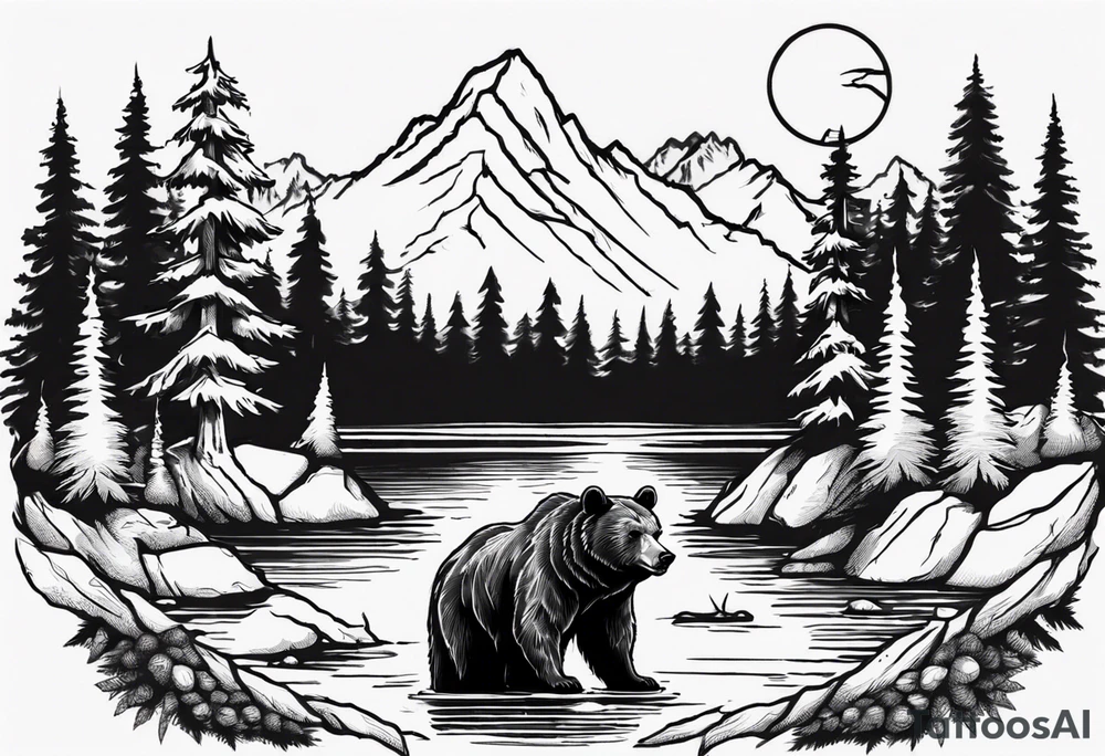 bear head right above the forest line with a lake below tattoo idea