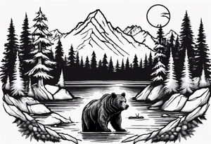 bear head right above the forest line with a lake below tattoo idea