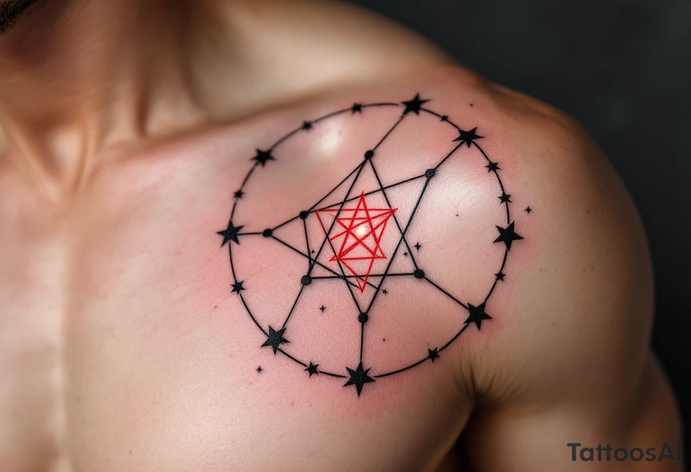 Bold black stars outline the Libra constellation while a red-ink glyph glows from the center. tattoo idea