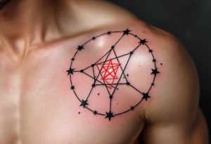 Bold black stars outline the Libra constellation while a red-ink glyph glows from the center. tattoo idea