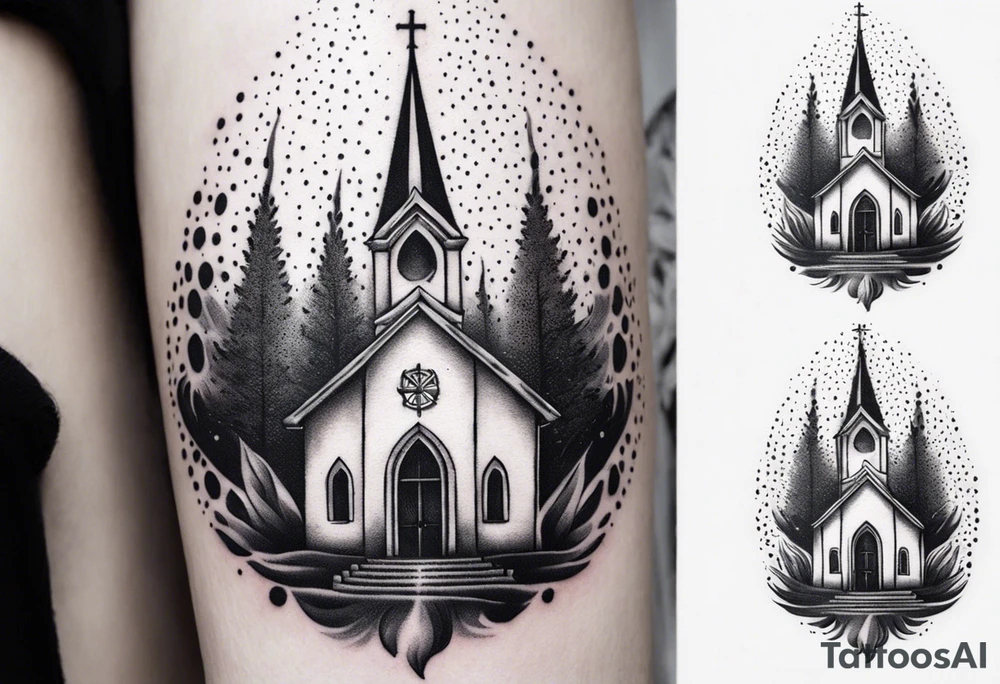 church with flames tattoo idea