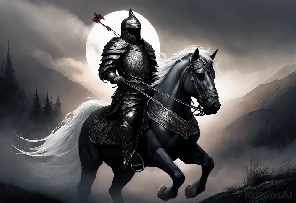 Dark art of the first horseman of the apocalypse. Wearing iron armor with a crown-shaped helmet, carrying a bow and arrows in one hand, he rides a white horse that is strong and slender, wearing shiny ornaments on his face. The horseman's face cannot be seen, as it is obscured by the darkness and fog in the image. tattoo idea