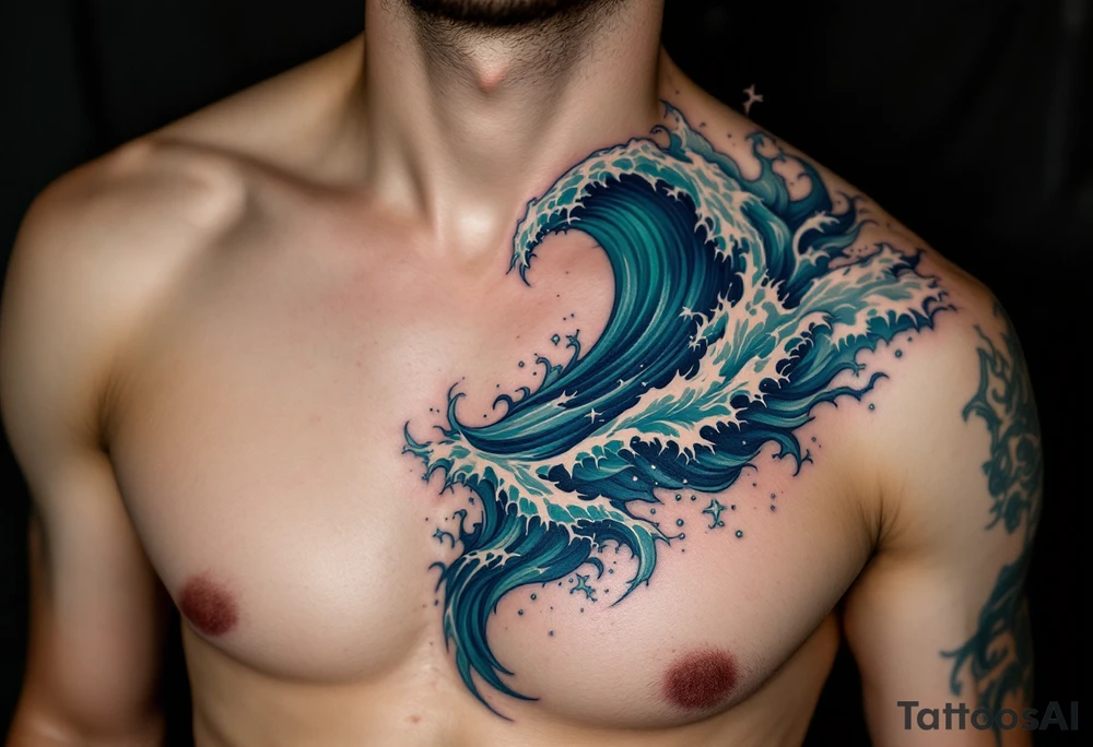 A crashing ocean wave in shades of emerald and cobalt crashes down the spine. tattoo idea