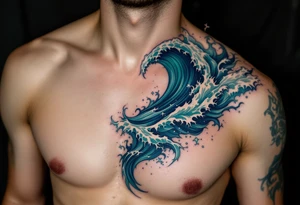 A crashing ocean wave in shades of emerald and cobalt crashes down the spine. tattoo idea