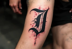 Old English "J" in iron black with crimson red drop shadows. tattoo idea