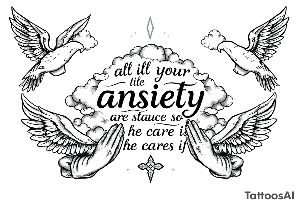 cast all your anxiety on him because he cares for you"  surrounded with clouds and angels and praying hands tattoo idea