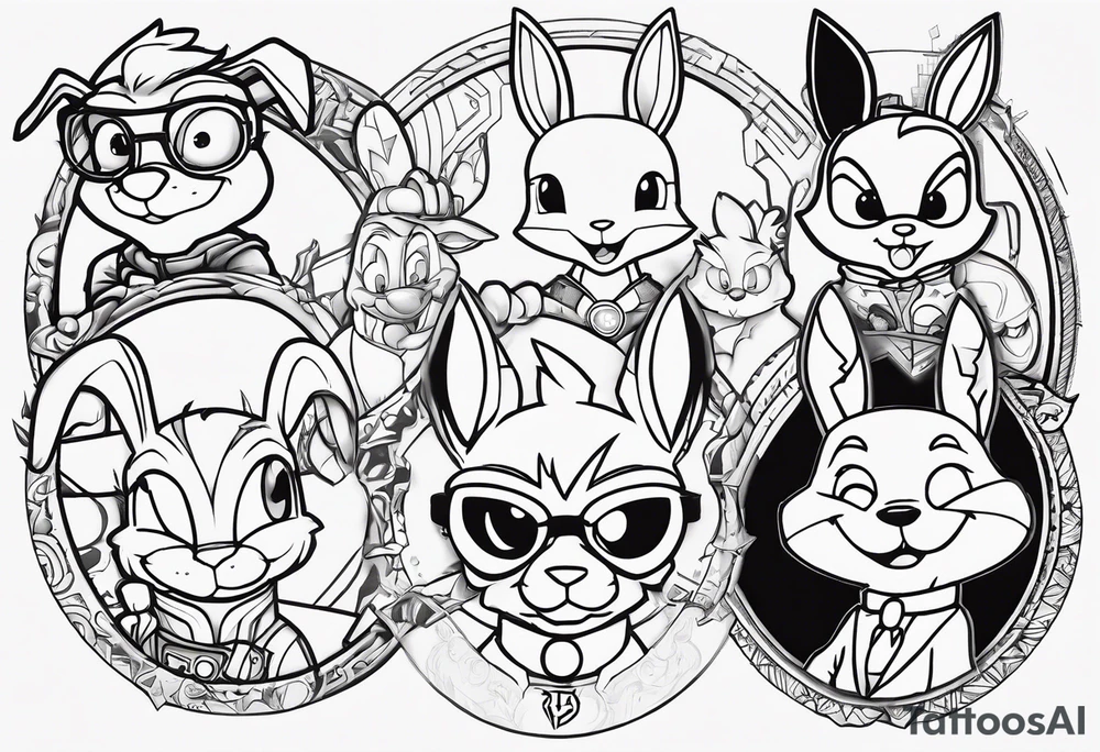 draw a sketch of a calf tattoo with cartoon characters from the 90s: Bart Simson, well, wait, Jerry, Kenny Souzpark, Bugs Bunny, Chip and Dale, spider-Man, Batman, Pikachu, Bender from futurama, Stu Griffins in the style of jealousy tattoo idea