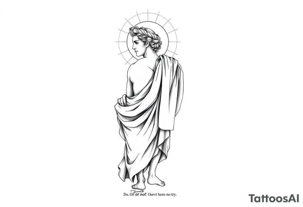 Tattoo design, vertical full sleeve composition, black and grey fine line linework style. Full figure of Apollo, Greek god of light, depicted in classical marble statue style, wearing flowing ancient drapery cloth. Calm powerful stance, balanced proportions, serene expression. Radiant sun halo behind the head with geometric rays. Subtle sacred geometry and orbital cosmic elements surrounding the figure. Laurel wreath symbolism integrated. Light energy lines and minimal abstract flow shapes. Clean composition, elegant, not overcrowded. Include the quote in fine serif lettering: “Do. Or do not. There is no try.” Tattoo stencil design, white background, no dark horror elements, no wings, professional tattoo flash. tattoo idea
