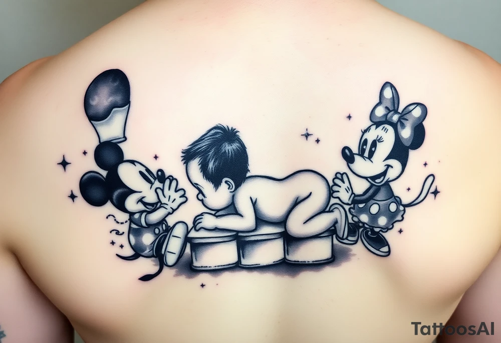 Babyboy crawling up to gods stairway to heaven surrounded wit baby mickey mouse and baby Minnie mouse baby winnie the poo tattoo idea