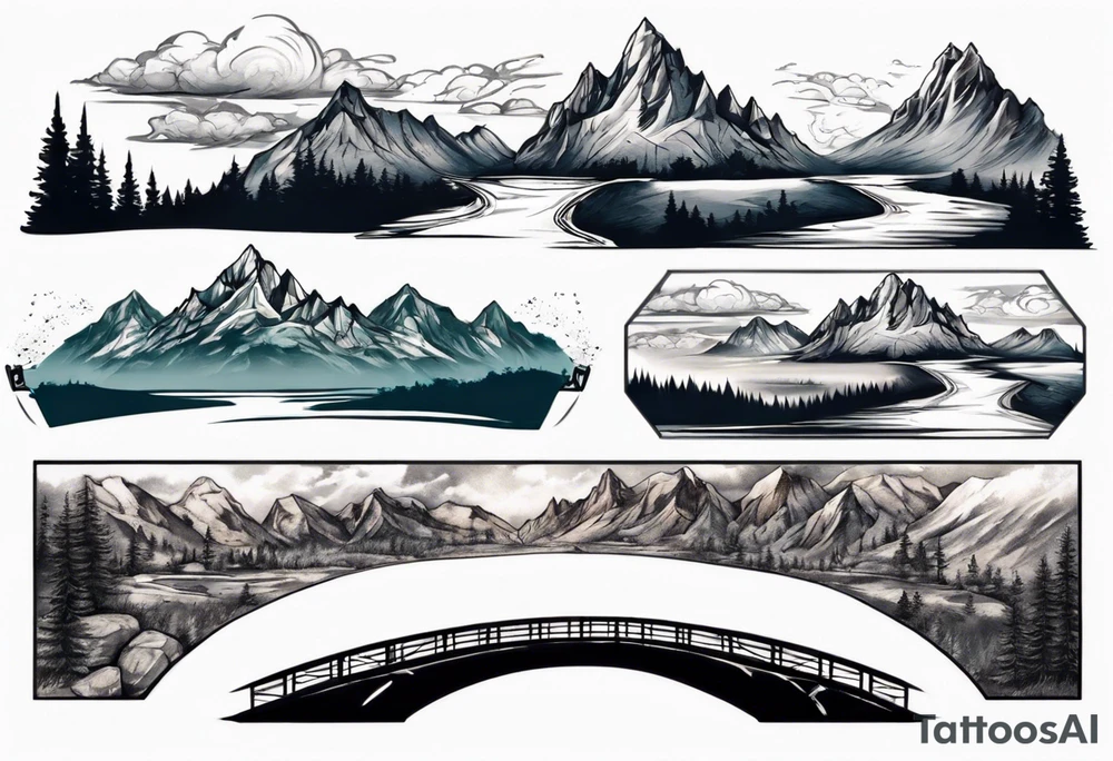 mountain landscape with a bridge connecting mountains tattoo idea
