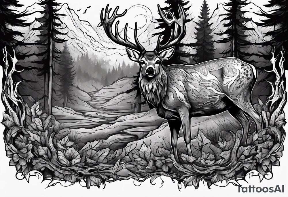 A frightening horror DECAYING deer carcass JUST BONE FROM THE SIDE surrounded by a forest fire in background tattoo idea