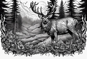 A frightening horror DECAYING deer carcass JUST BONE FROM THE SIDE surrounded by a forest fire in background tattoo idea