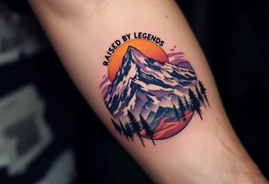 A mountain landscape in dusky purples and oranges with “Raised by Legends” above it. tattoo idea