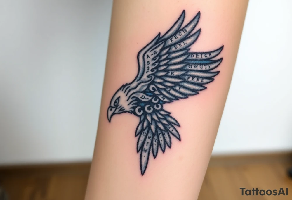 A Norse-inspired eagle with Viking runes etched into its feathers, surrounded by stormy clouds in deep grays and electric blue highlights tattoo idea