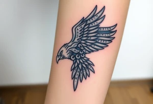 A Norse-inspired eagle with Viking runes etched into its feathers, surrounded by stormy clouds in deep grays and electric blue highlights tattoo idea