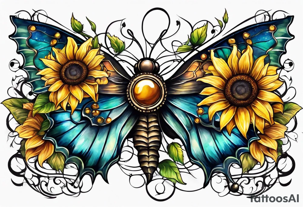 Winged cross with sunflower and butterflies tattoo idea