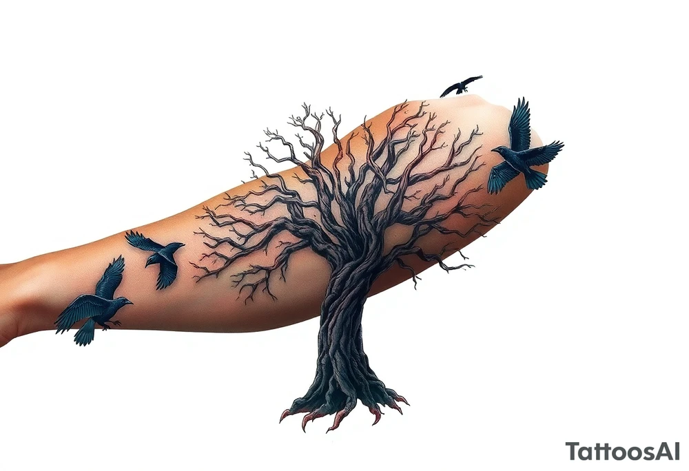 The Tree of Life, color infused, full forearm, ravens flying around it, tattoo idea