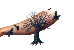 The Tree of Life, color infused, full forearm, ravens flying around it, tattoo idea