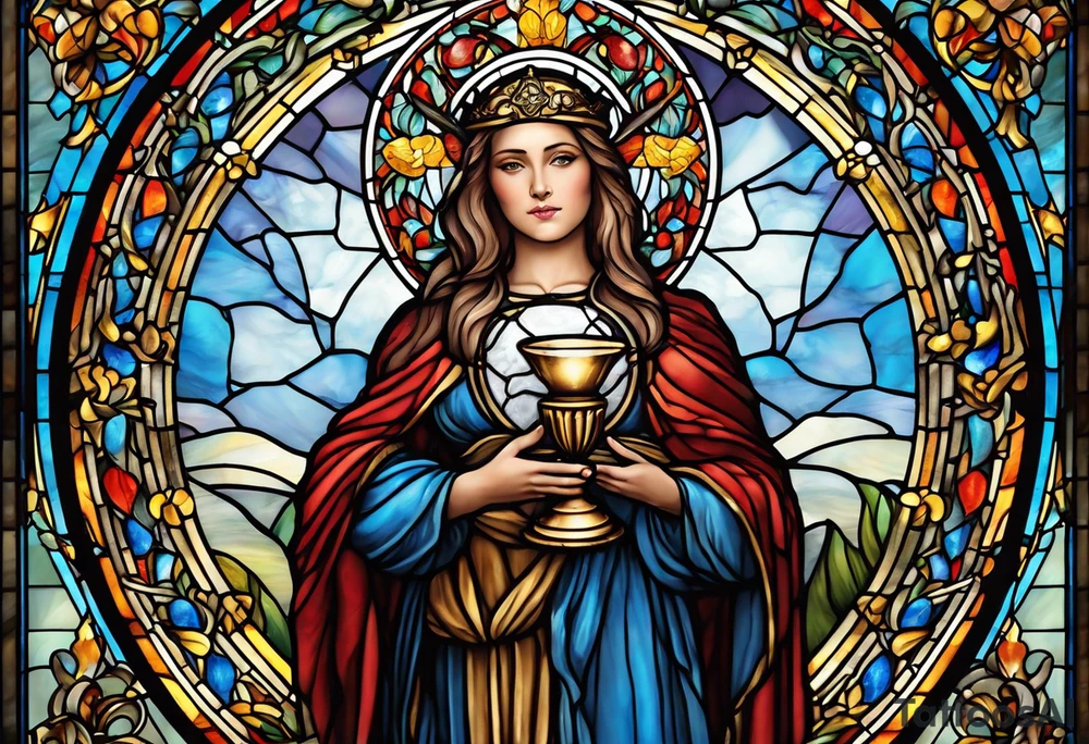 holy saint woman with halo stained glass holding a chalice with artillery tattoo idea