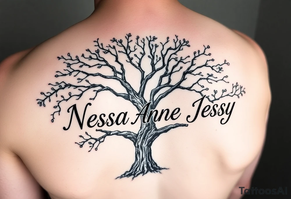 the name Nessa, Anne, Jessy in a live tree tattoo idea
