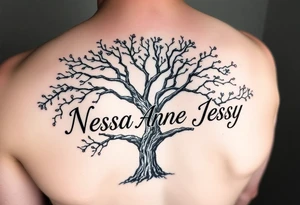 the name Nessa, Anne, Jessy in a live tree tattoo idea