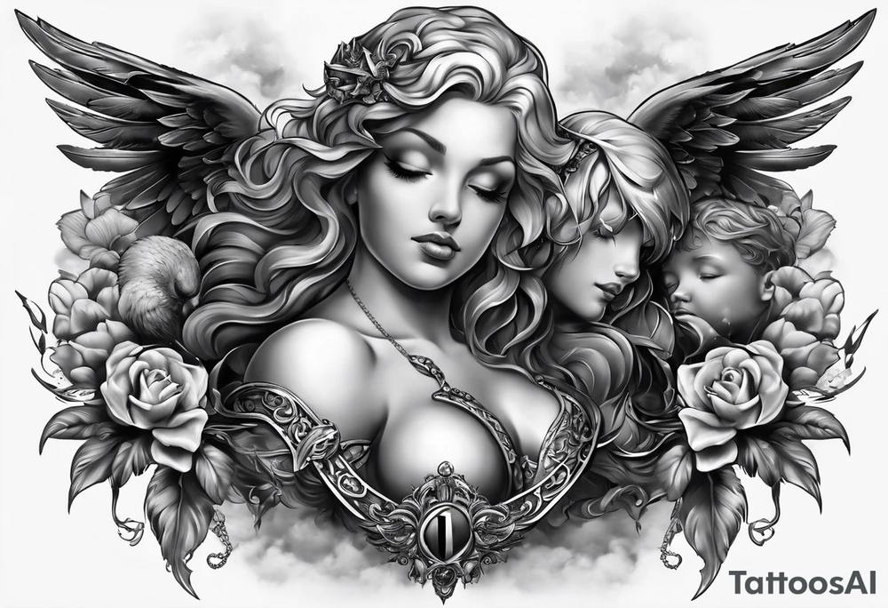 Good vs evil chest piece - realism with baby angels tattoo idea