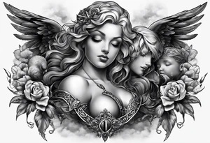 Good vs evil chest piece - realism with baby angels tattoo idea