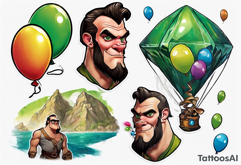 piton real with colored ballons from movie up! aside and a green gem on the other side tattoo idea