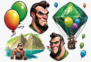 piton real with colored ballons from movie up! aside and a green gem on the other side tattoo idea