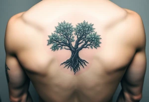 A majestic tree with deep brown roots and lush green leaves, forming a heart shape, symbolizing strength and unwavering hope tattoo idea