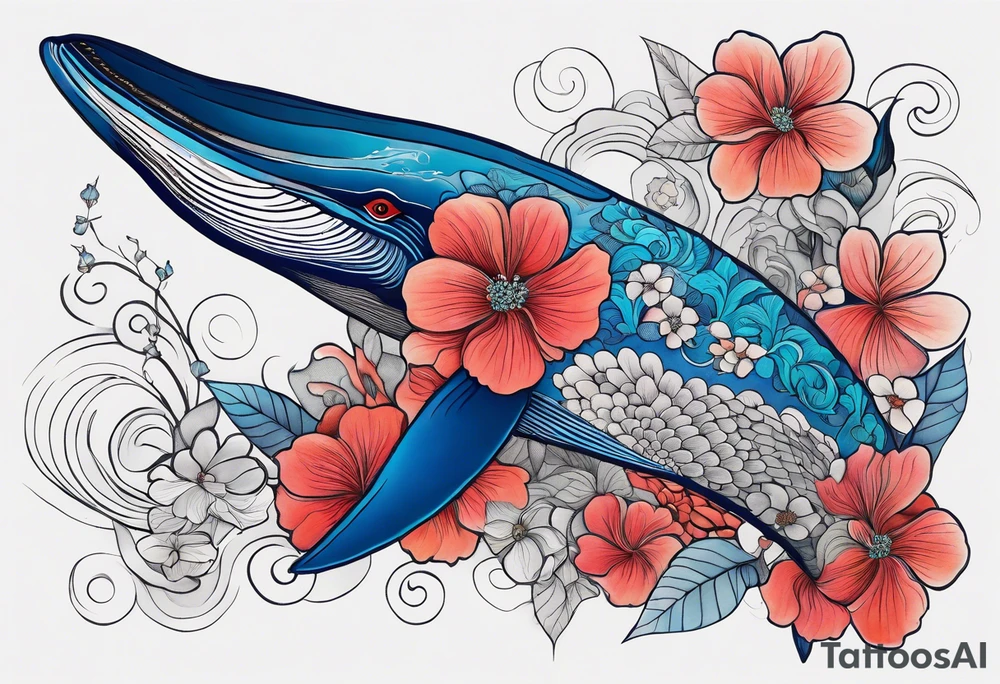 Surrealism, blue whale, hummingbird, gray lady face, flowers, bold color, collage tattoo idea