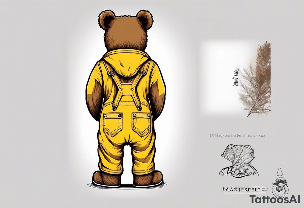 the back of a standing skinny, brown ,
teddy bear in long, yellow overalls tattoo idea